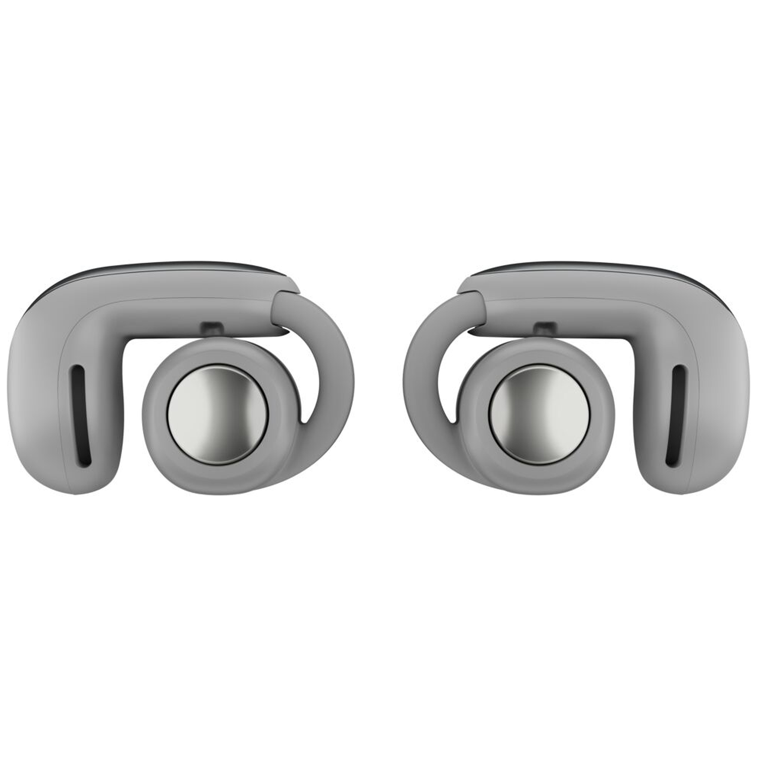 Two grey earbuds with silver accents on a white background.