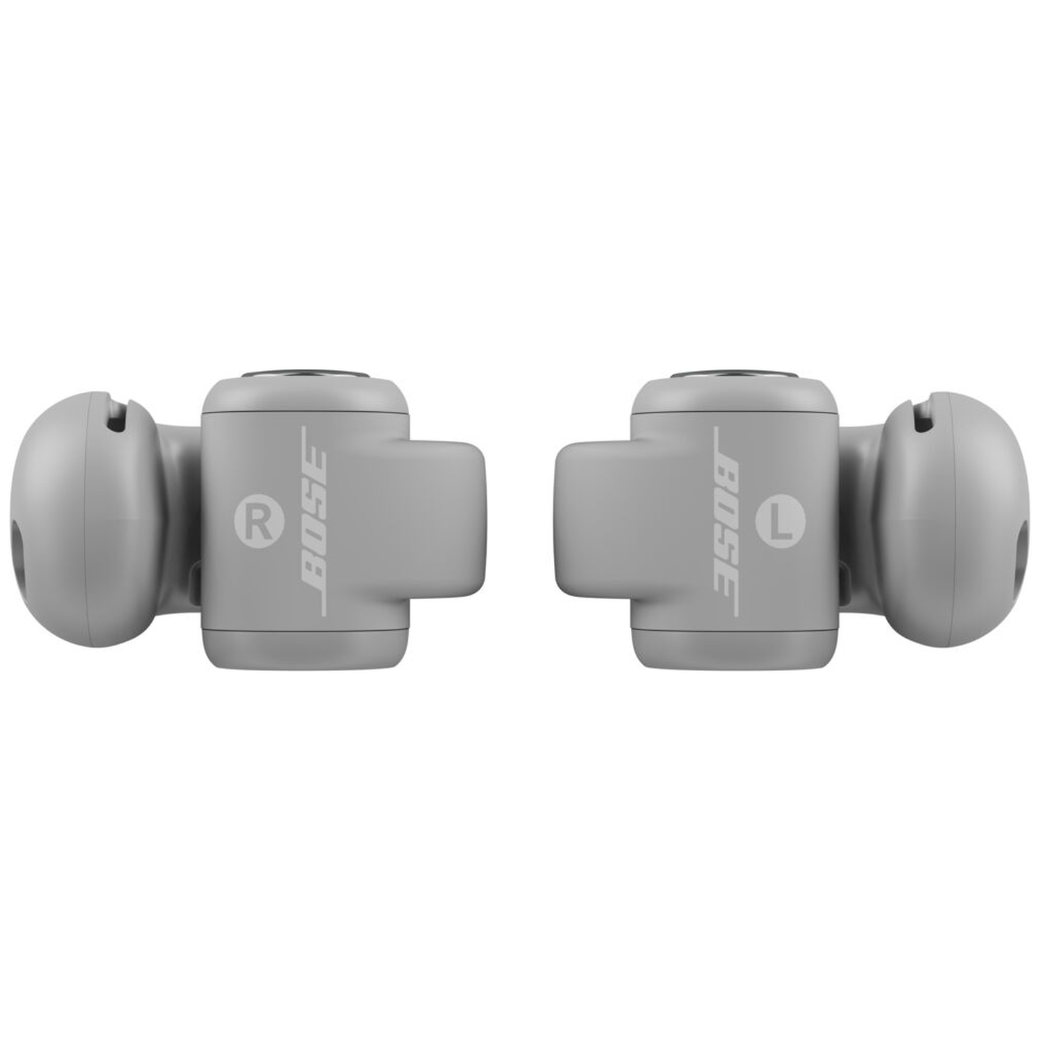Two gray Bose earbuds side-by-side, marked with R and L.