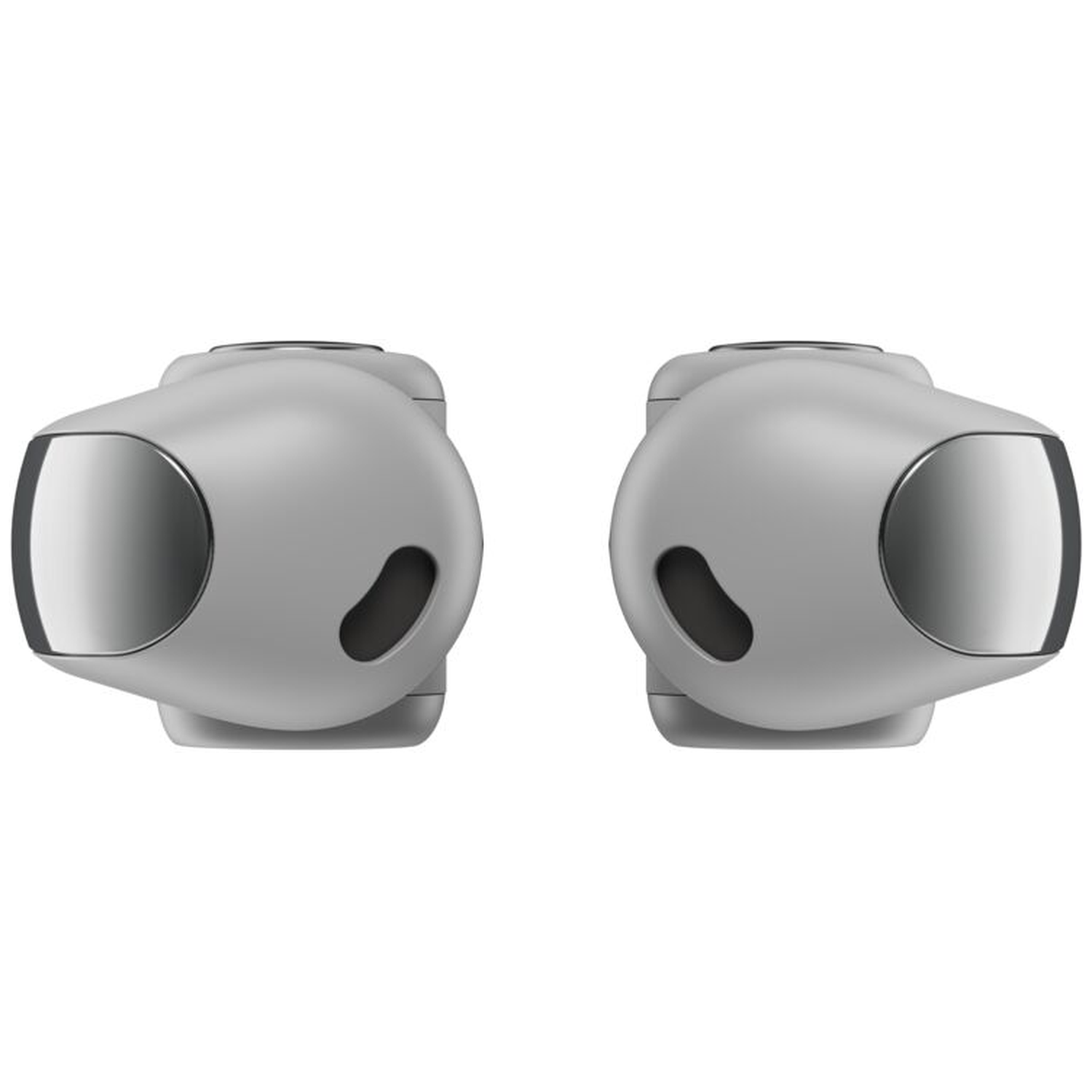 Two white earbuds with silver tips and black accents.