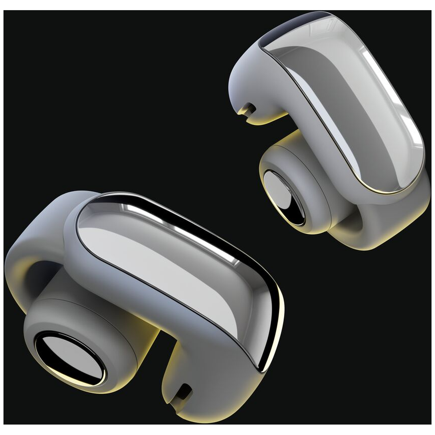 Two gray wireless earbuds with shiny silver accents on a black background.