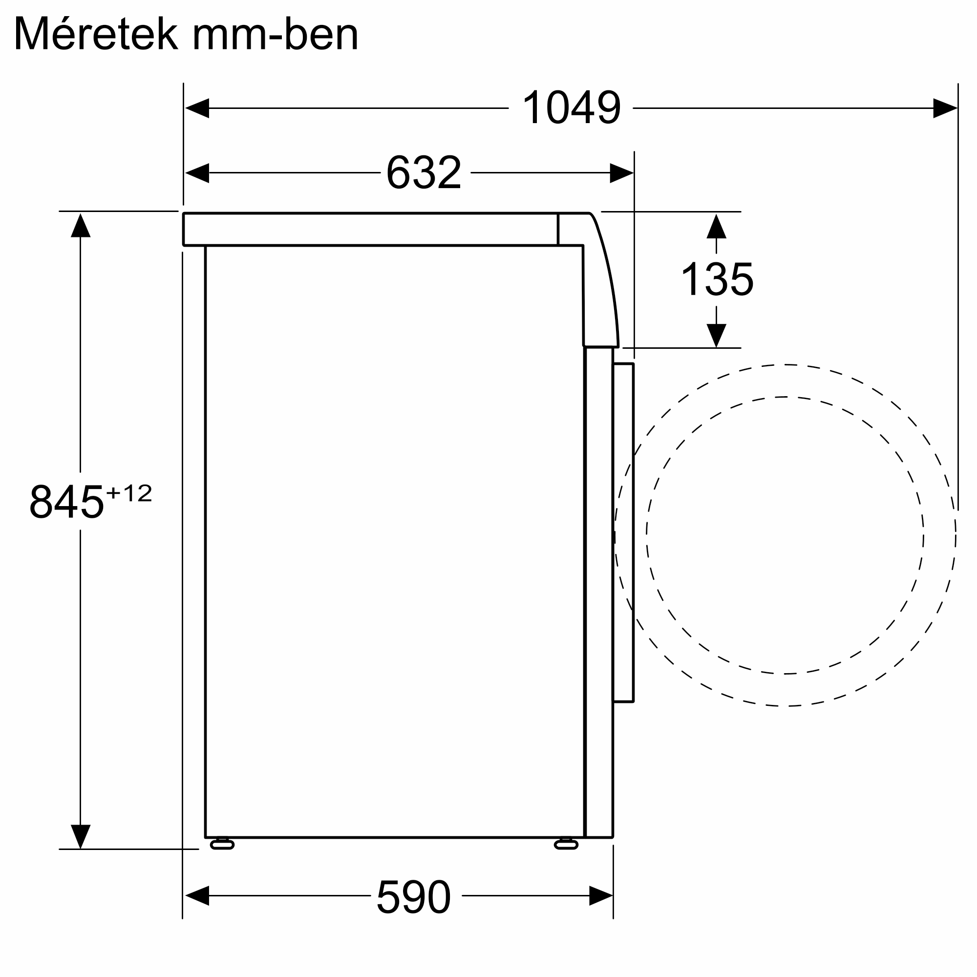 Mosógép műszaki rajza méretekkel