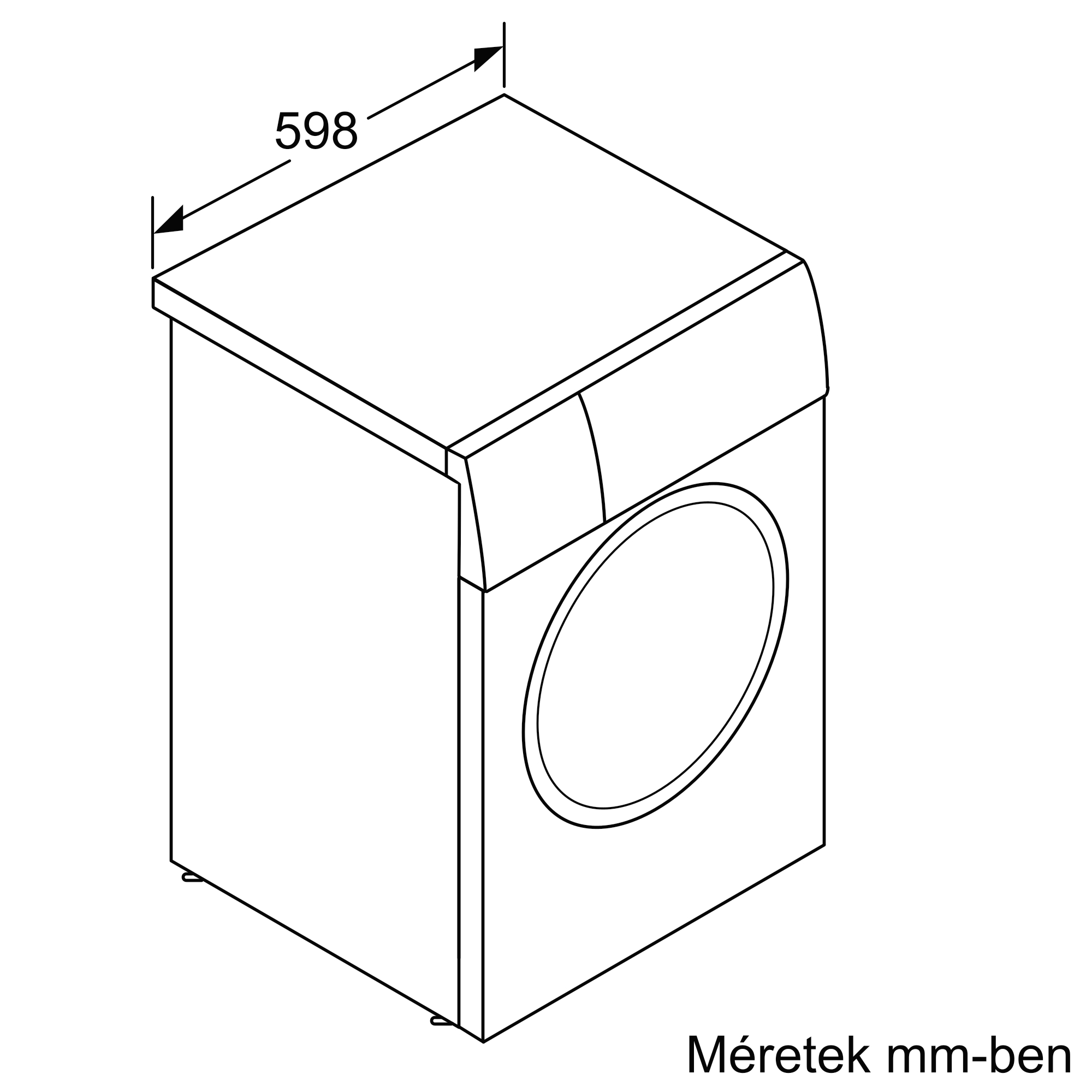 Elöltöltős mosógép méretekkel. Szélesség 598 mm.