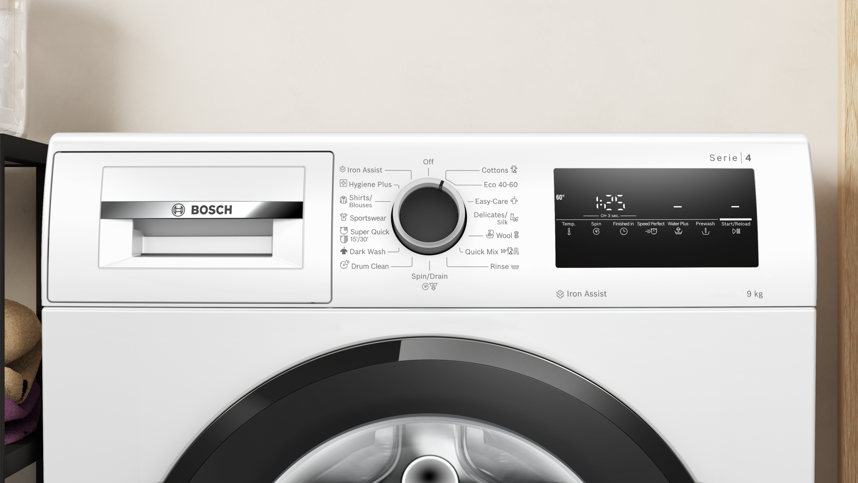 Mosógép kezelőpanel forgókapcsolóval és digitális kijelzővel, Bosch logó.