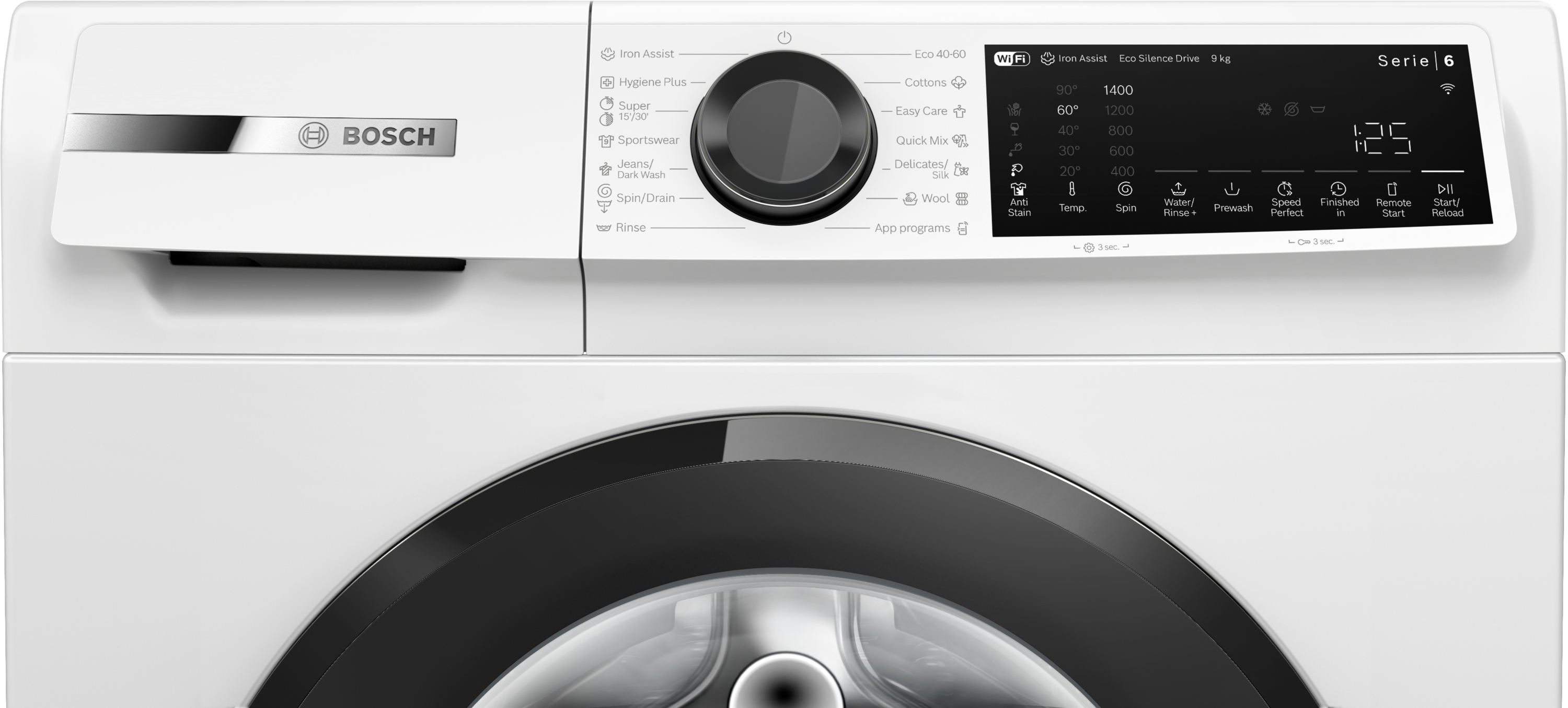 Bosch mosógép digitális kezelőpanellel és programválasztó tárcsával.