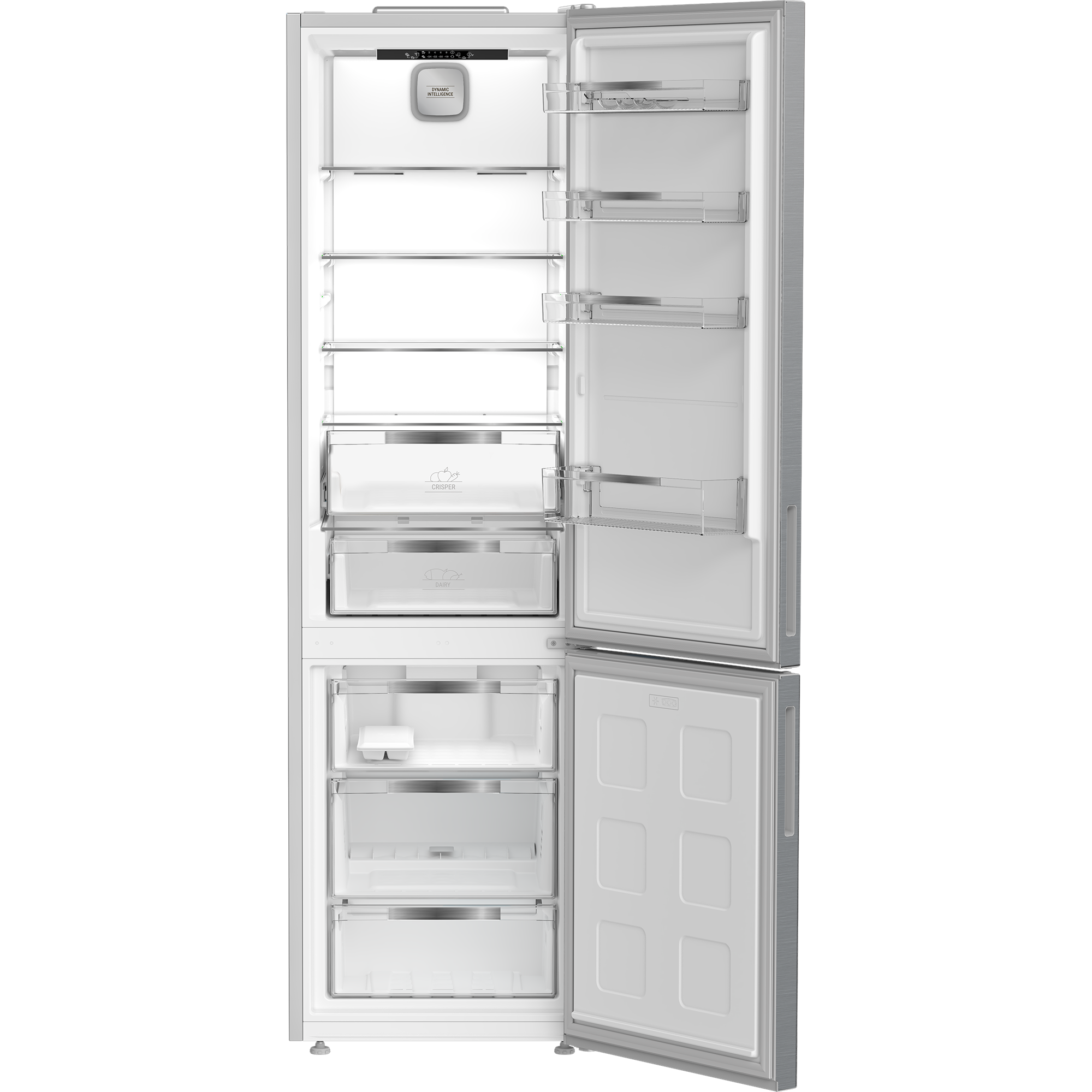 Ein offener silberner Kühlschrank mit mehreren Regalen und Schubladen.