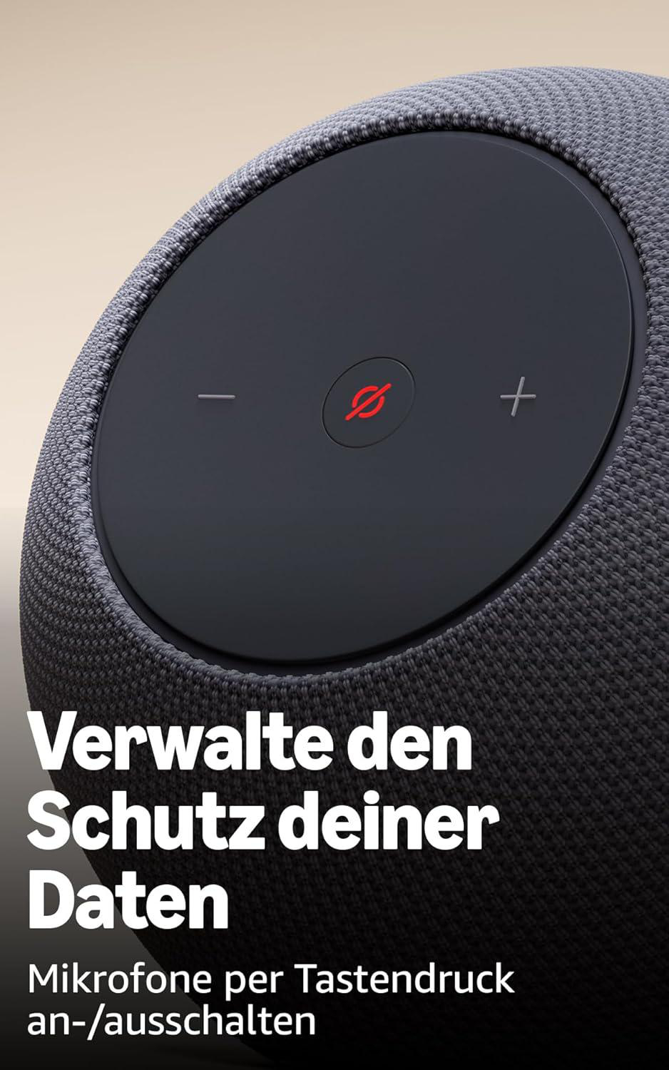 Grauer Lautsprecher mit Tasten: Lautstärke und Mikrofon-Stummschaltung.