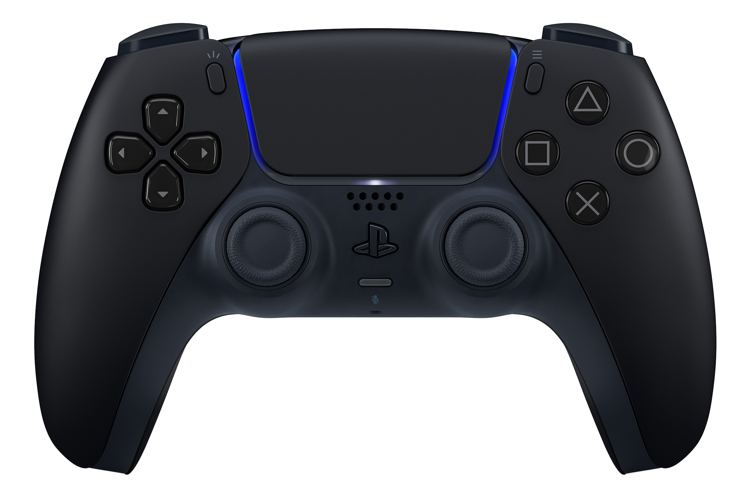 Manette noire avec accents et boutons bleus.