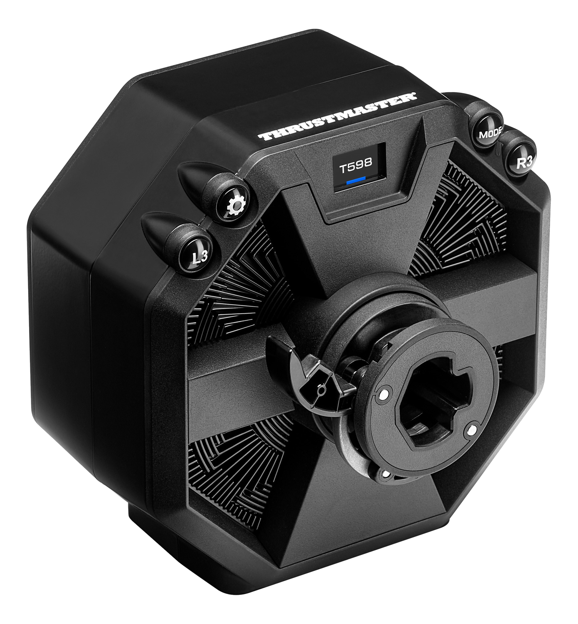 Volant Thrustmaster noir avec écran T598 et boutons.
