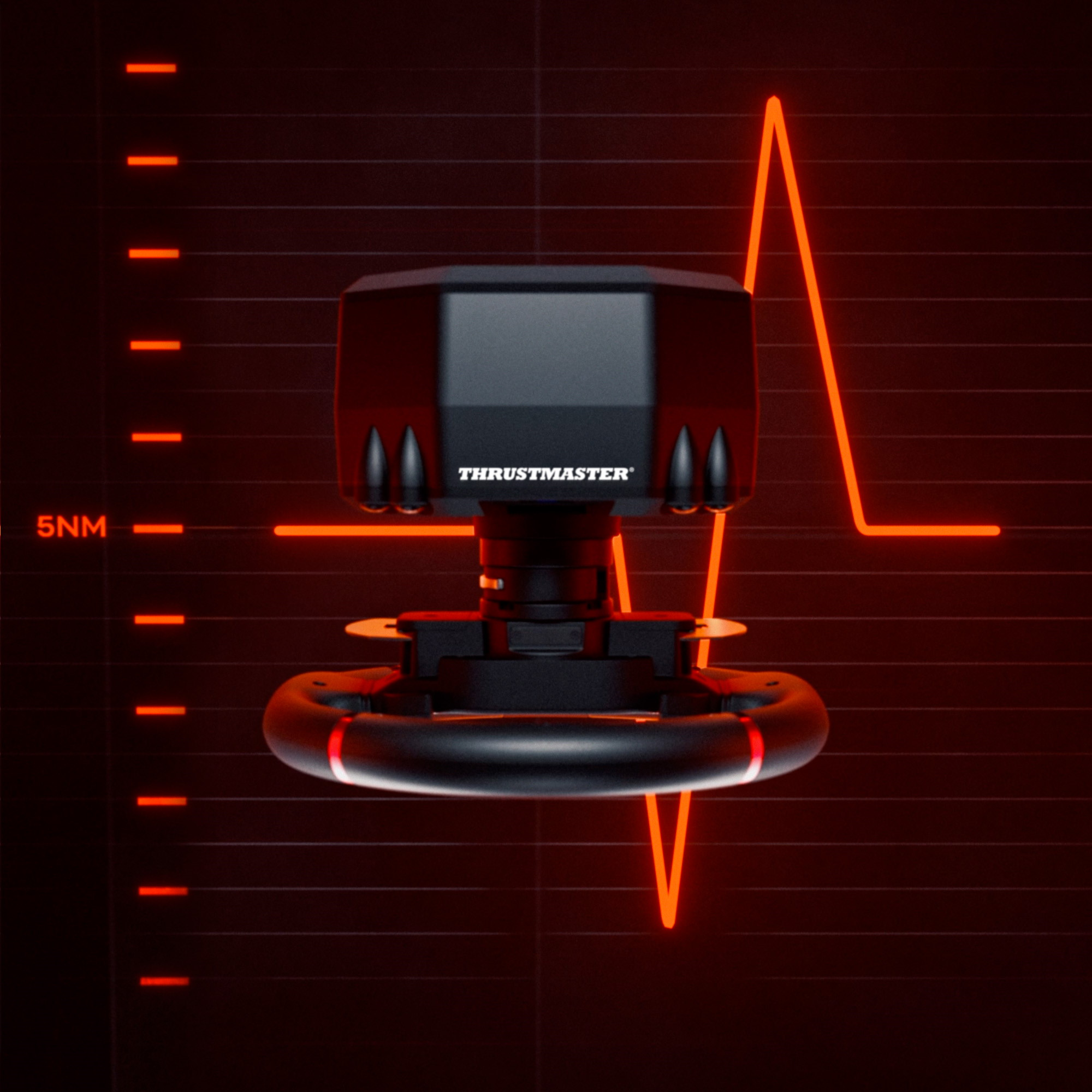 Un volant Thrustmaster avec un graphique en arrière-plan.
