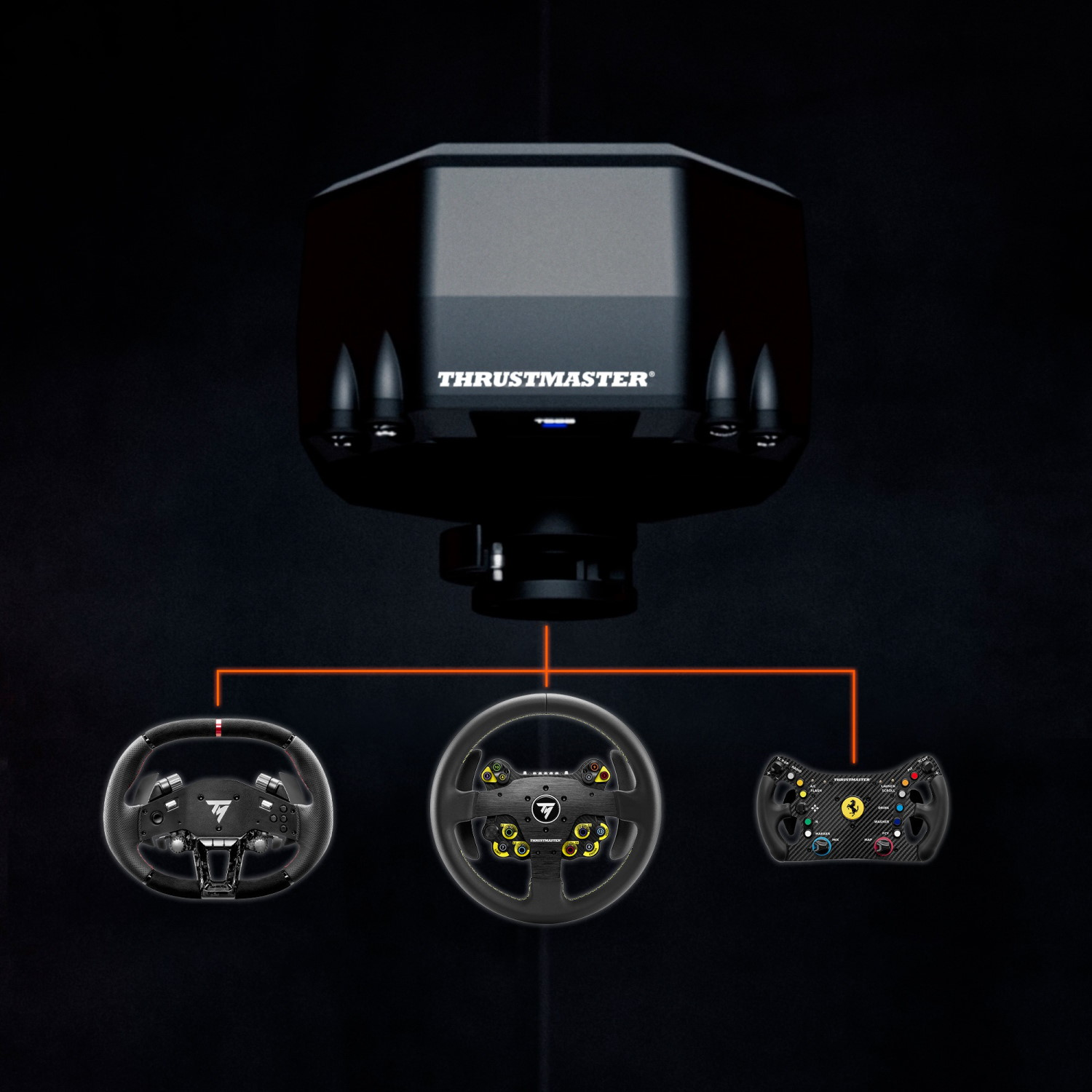 Une unité de base Thrustmaster connectée à trois volants et contrôleurs.