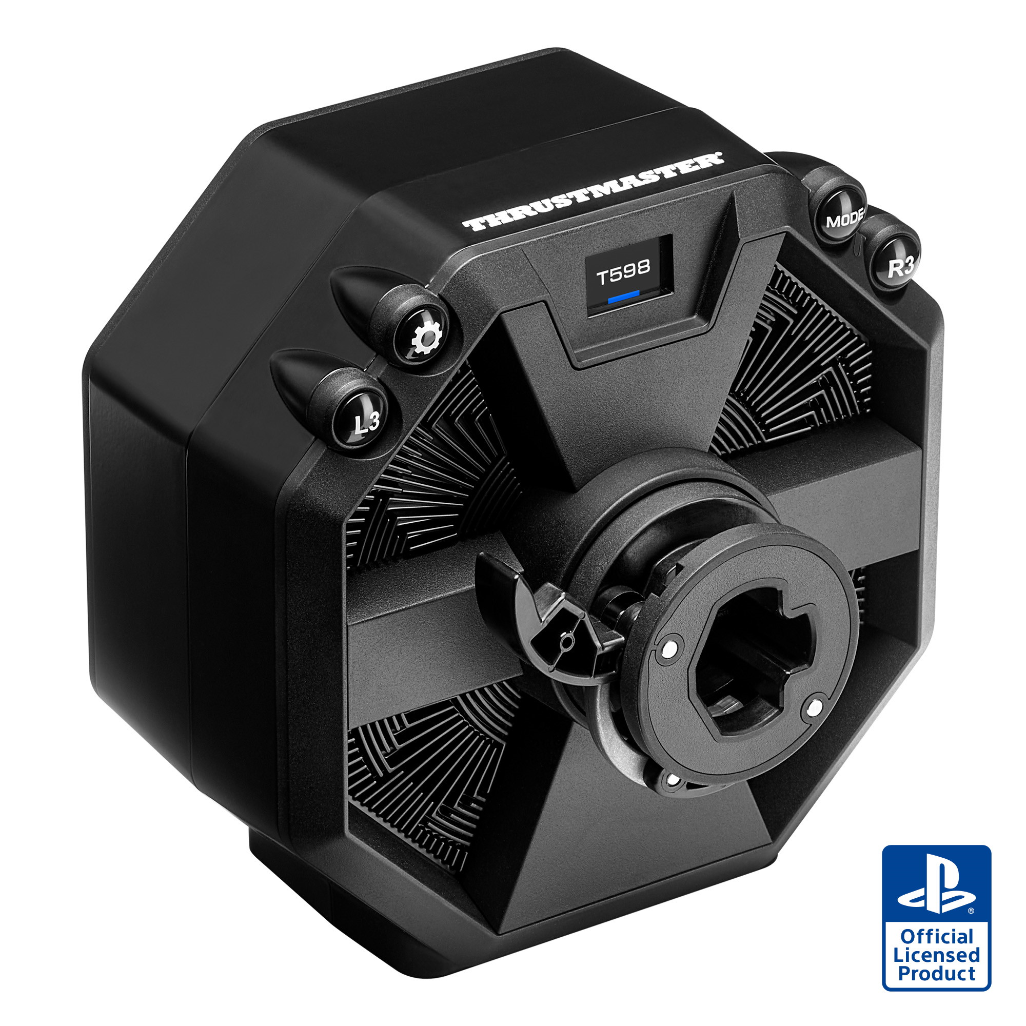 Une base de volant de jeu Thrustmaster T598 noire avec logo PlayStation.
