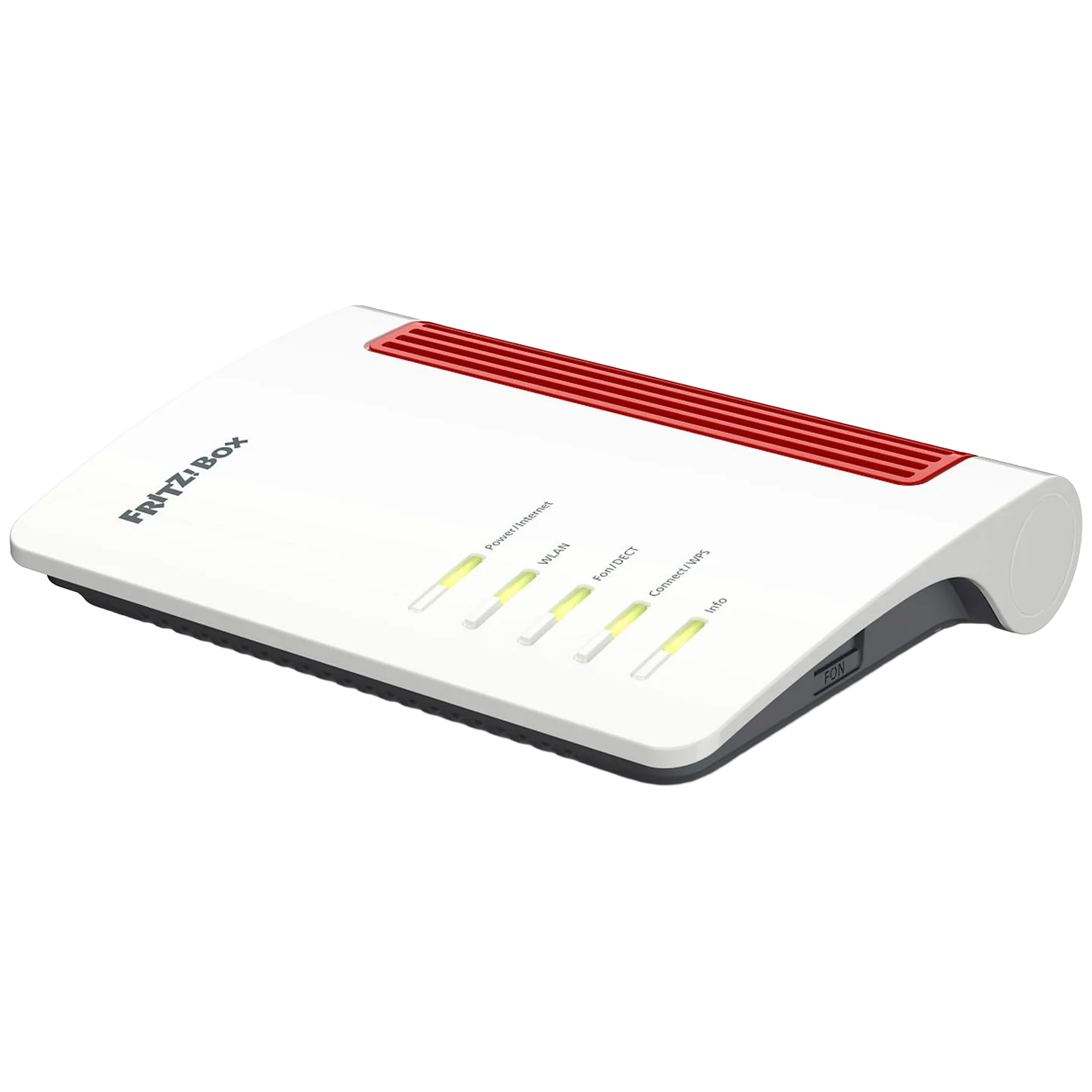 Een witte Fritz!Box router met rode ventilatieopeningen en brandende statuslampjes.