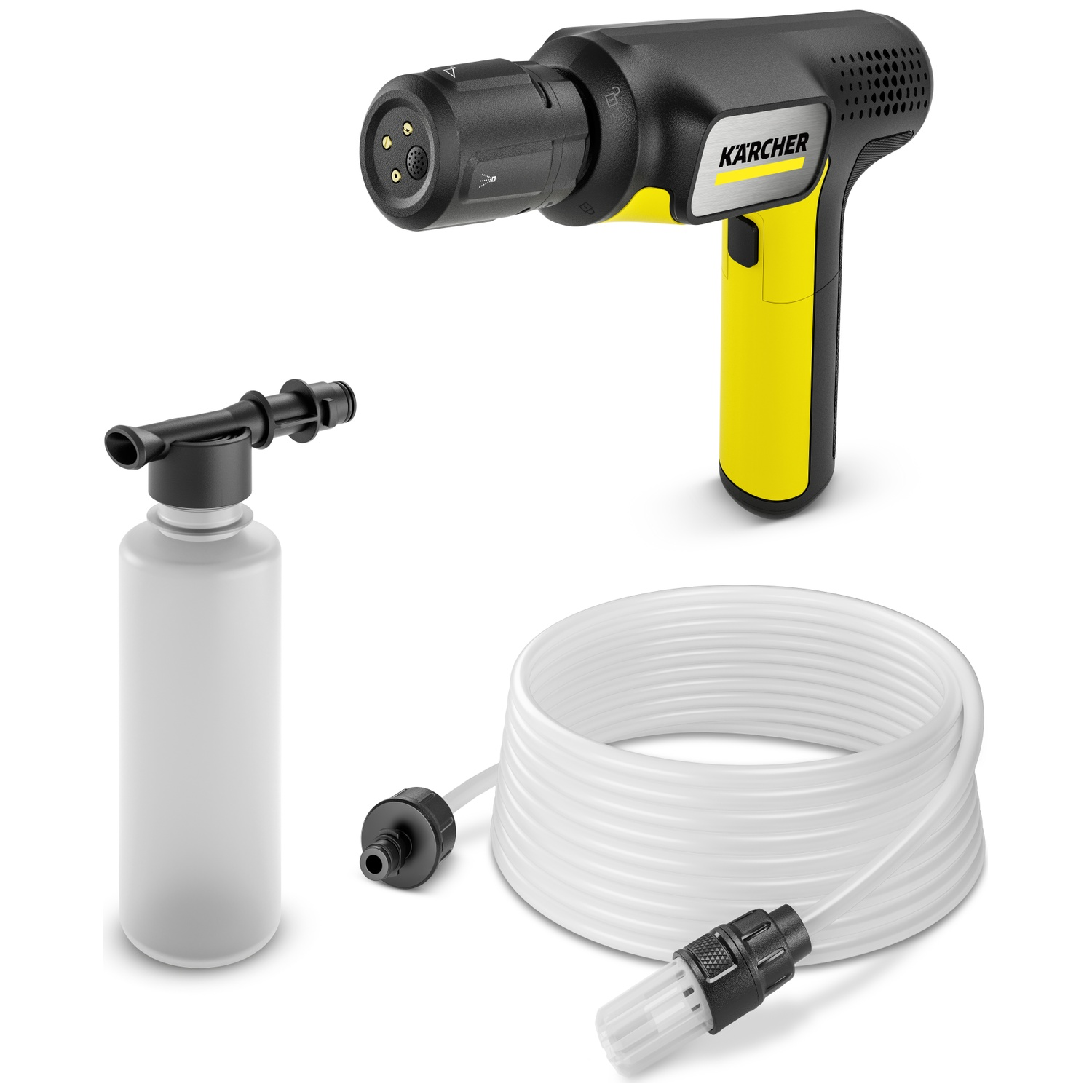 A Karcher cleaner, foam bottle, and white hose on a white background.