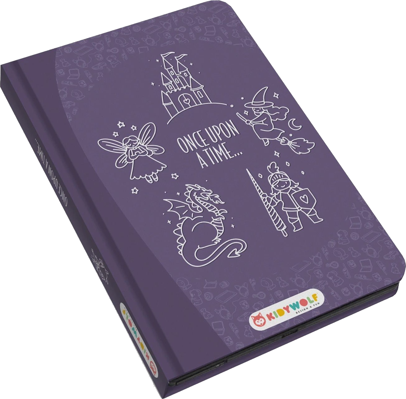 Ein lila Notizbuch mit weißen Märchensymbolen wie Burg, Fee, Drache, Hexe, Ritter.