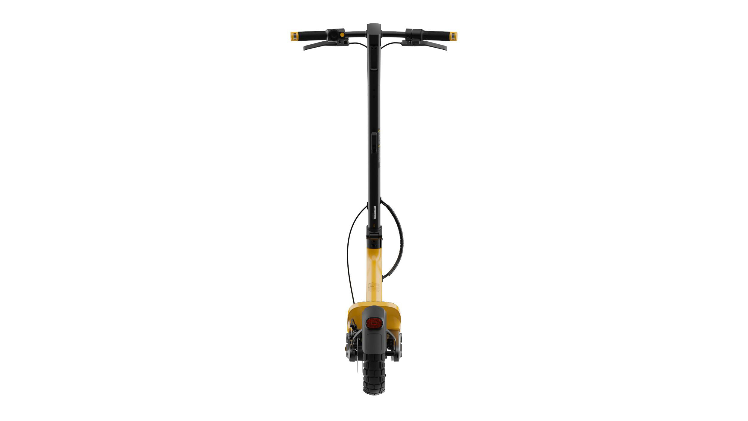 Ein gelber Elektroroller mit schwarzem Lenker und Vorderreifen.