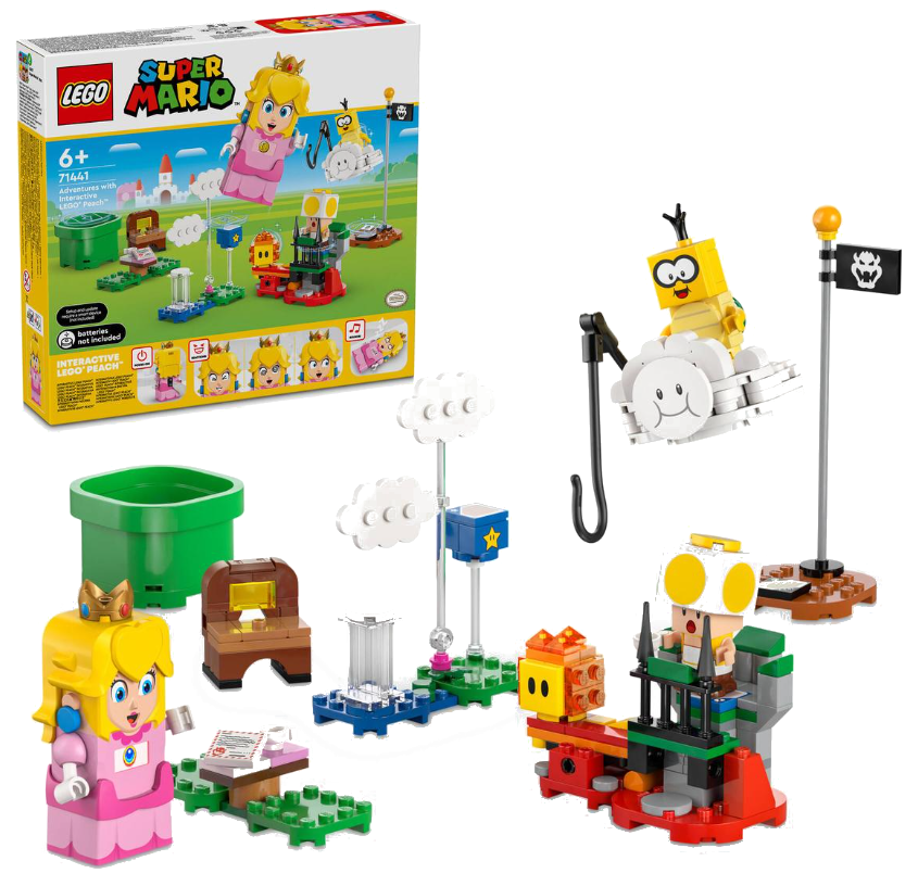 Zestaw LEGO Super Mario Peach z figurkami, przeszkodami i zieloną rurą.