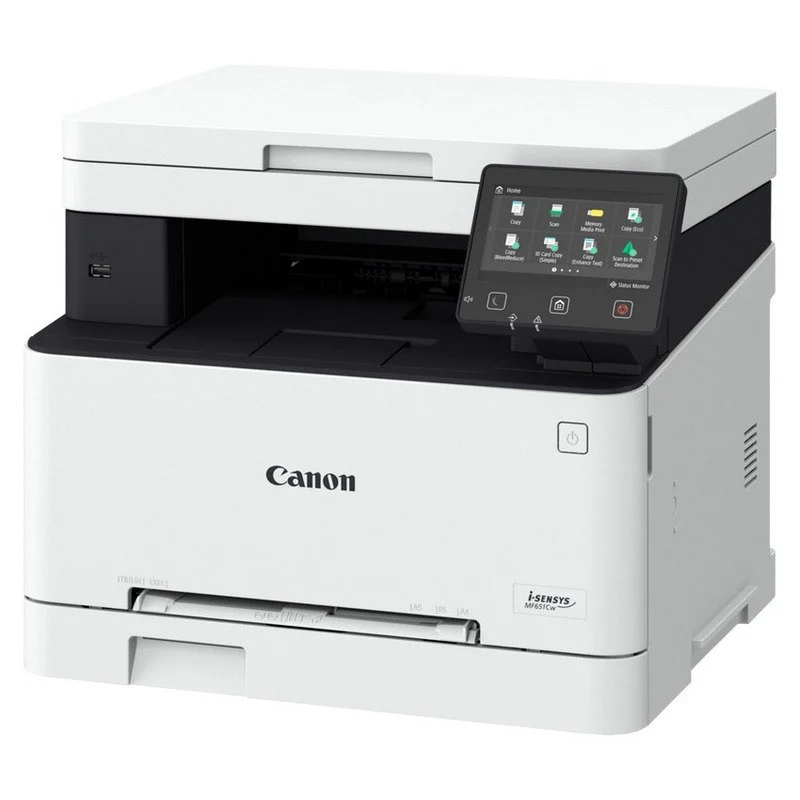 Una impresora Canon i-SENSYS MF651Cw blanca con pantalla táctil.