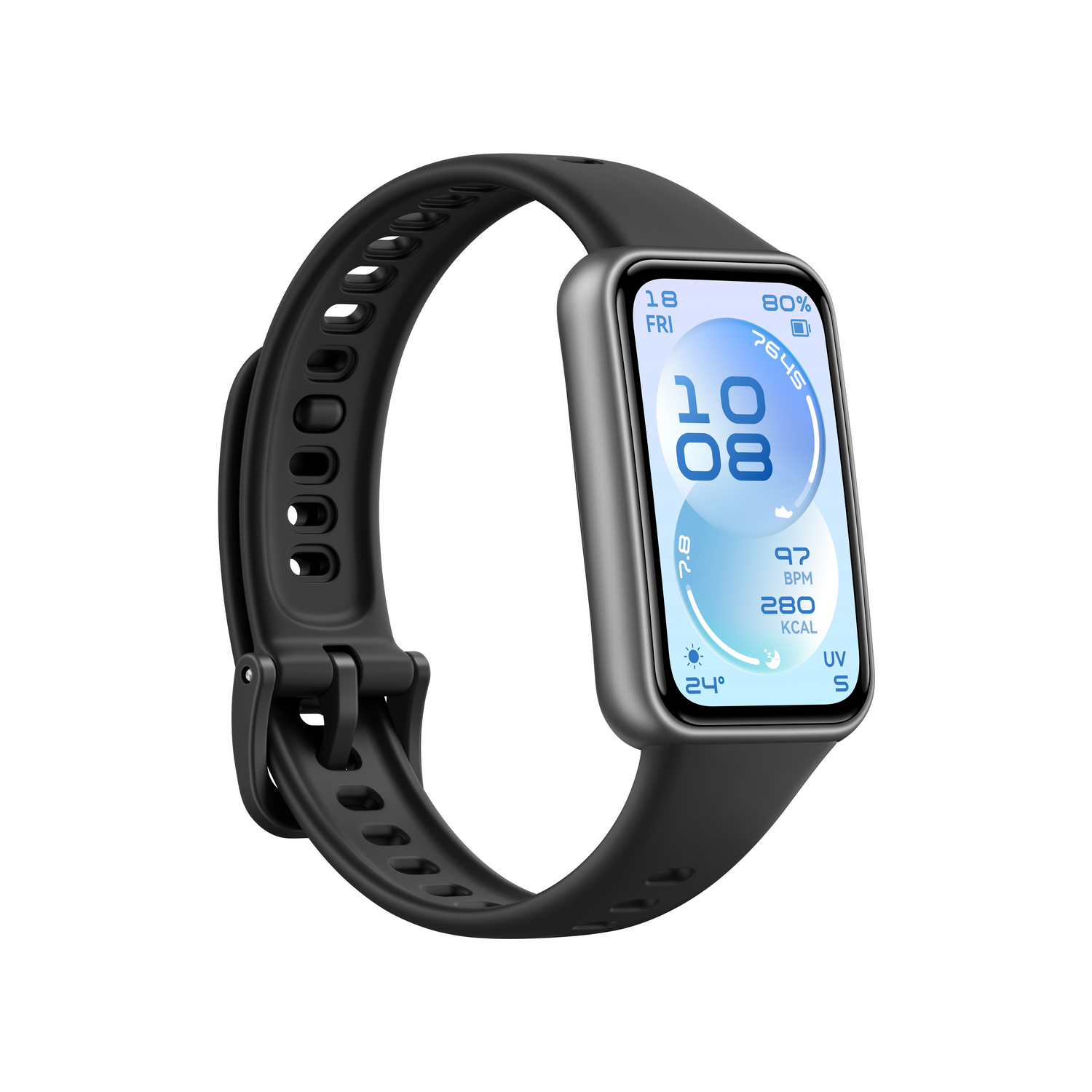 Un reloj inteligente negro con pantalla grande que muestra hora, fecha, ritmo cardíaco y calorías.