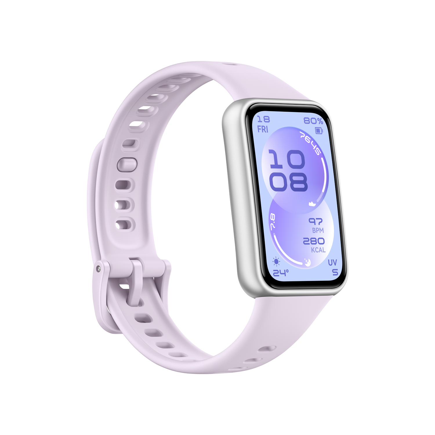 Una pulsera inteligente lila con marco plateado y pantalla brillante que muestra hora, fecha y métricas.