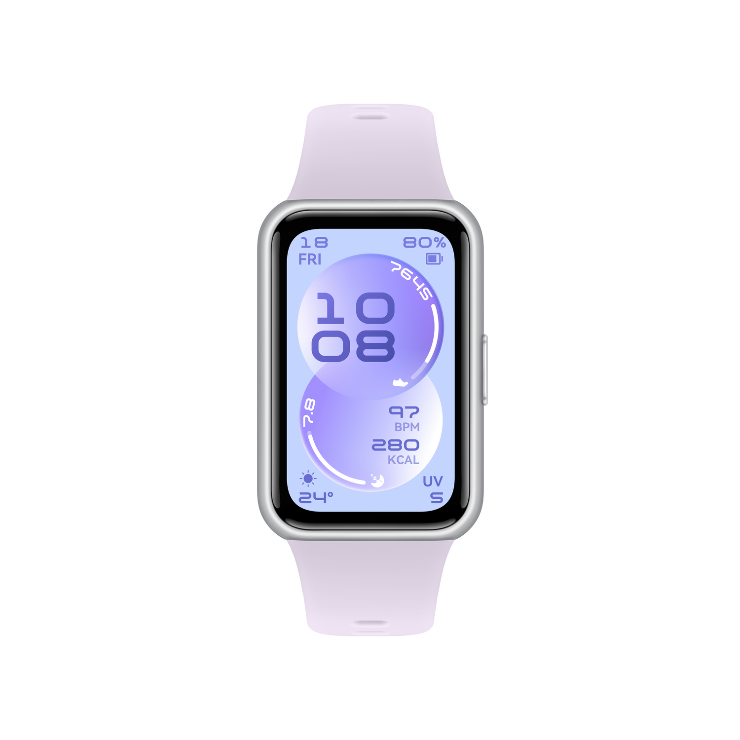 Reloj inteligente plateado con banda lila, muestra 10:08, 97 PPM, 280 Kcal, 24°C.