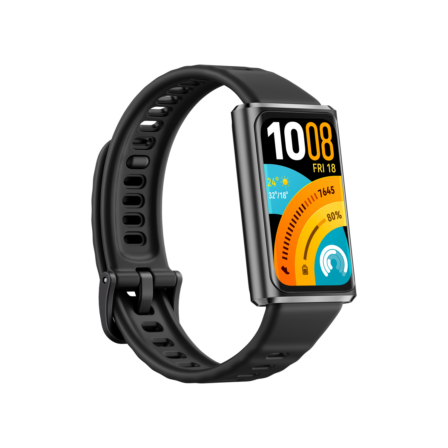 Pulsera de actividad negra con pantalla rectangular que muestra hora, fecha, tiempo y batería.