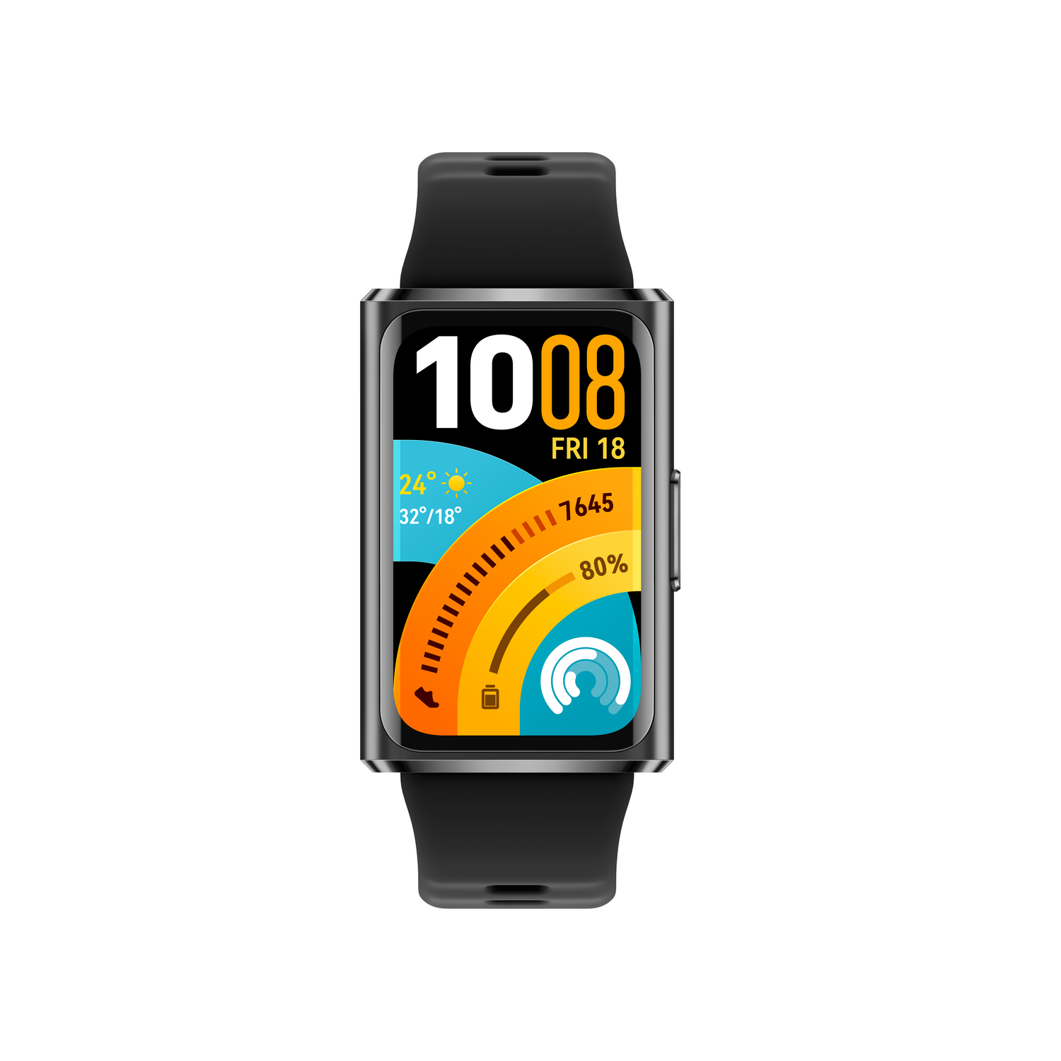 Reloj inteligente negro con pantalla colorida mostrando 10:08, clima y actividad.