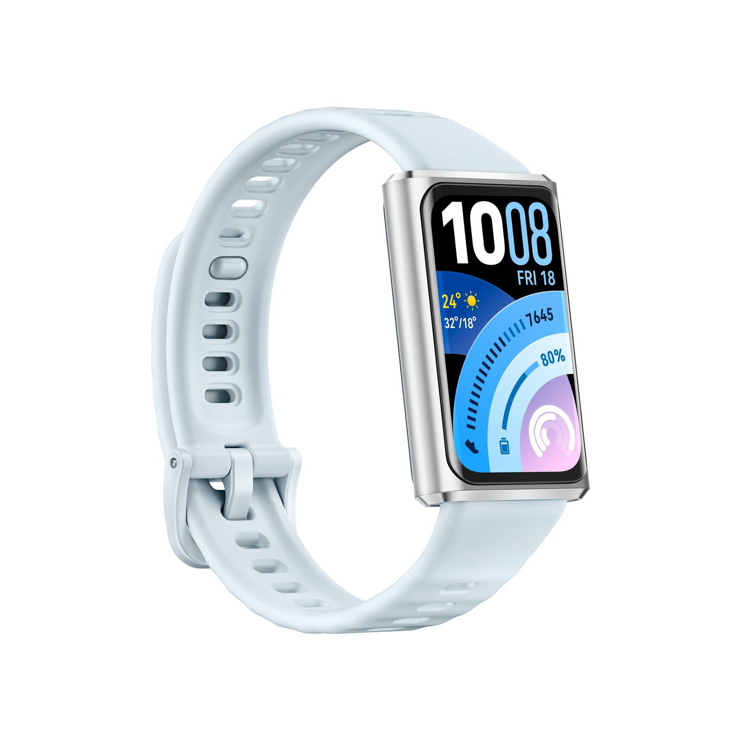 Una pulsera de actividad azul claro con carcasa plateada y pantalla.