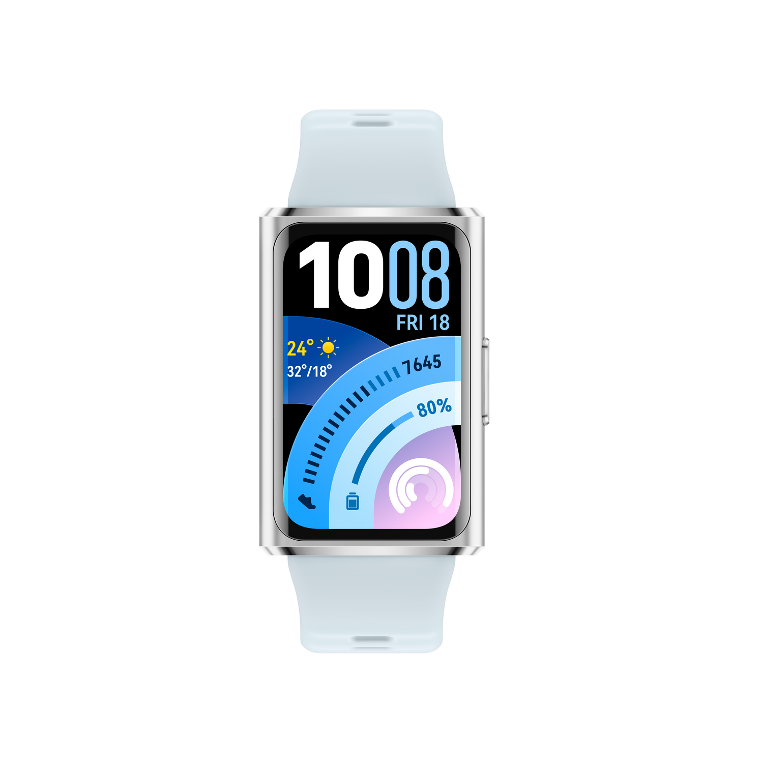 Una pulsera de actividad plateada con pantalla azul que muestra hora, clima y pasos.