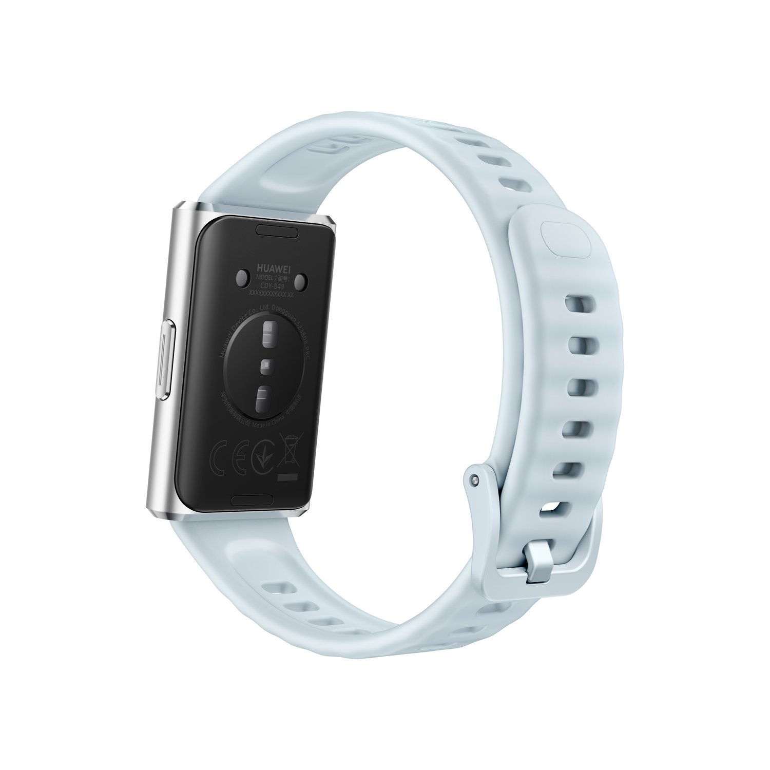 Una pulsera inteligente Huawei azul claro con carcasa plateada se muestra sobre fondo blanco.