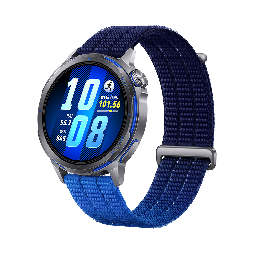 Reloj inteligente gris con correa azul. Muestra 10:08, 101.56 km, 55.2 RAI, 845 WTL.