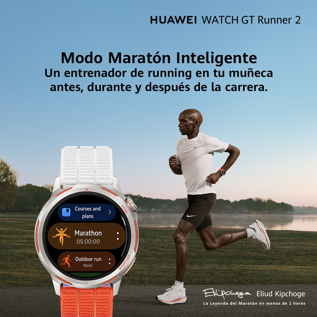 Un hombre corre junto a un reloj inteligente con opciones de entrenamiento.