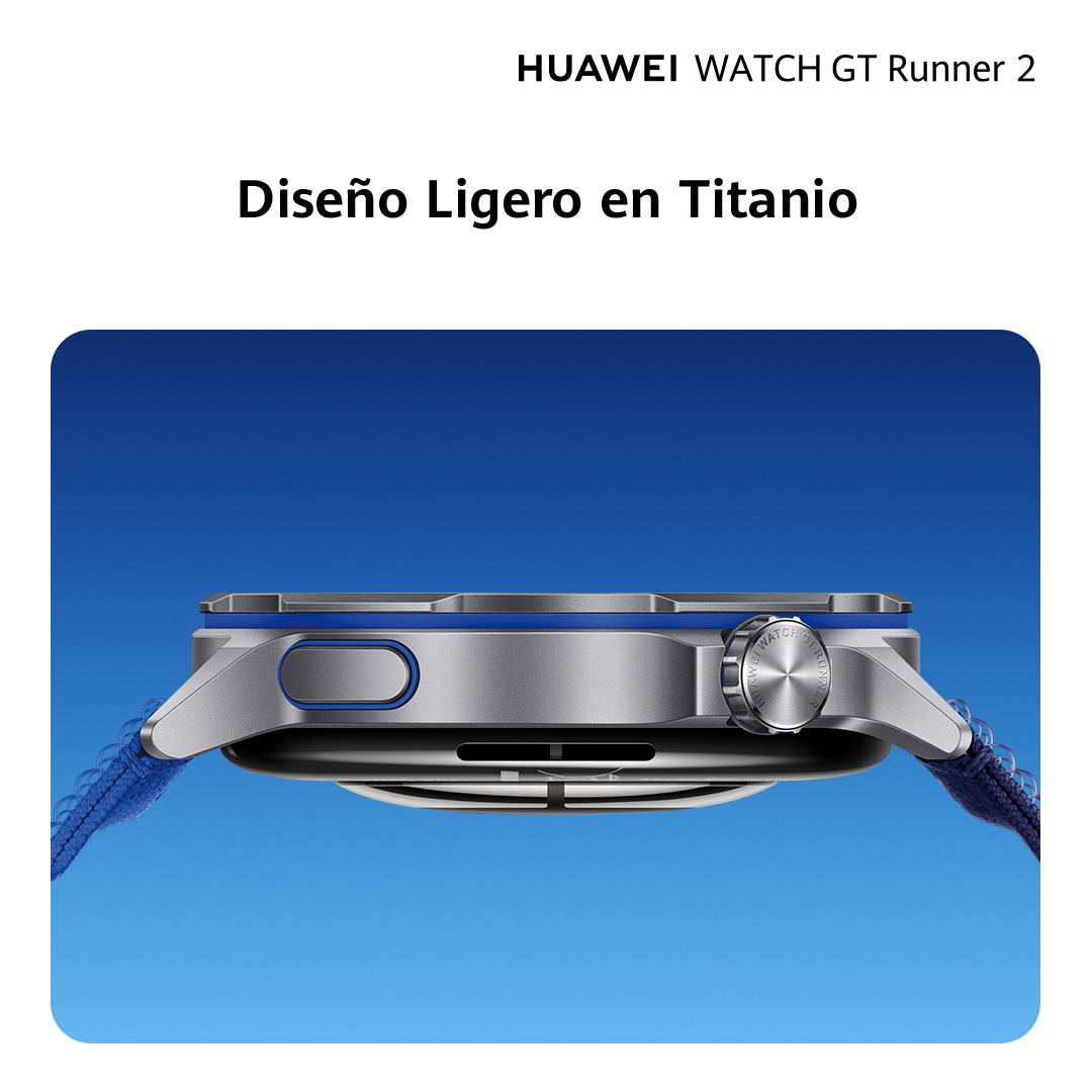 Reloj inteligente Huawei GT Runner 2 gris con correa azul, vista lateral.