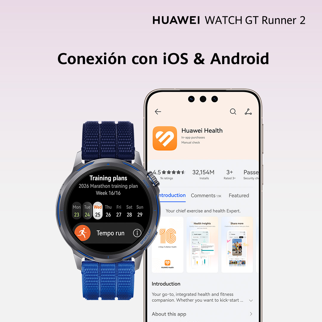 Huawei Watch GT Runner 2 con app en pantalla de teléfono. Plan de entrenamiento visible en reloj.