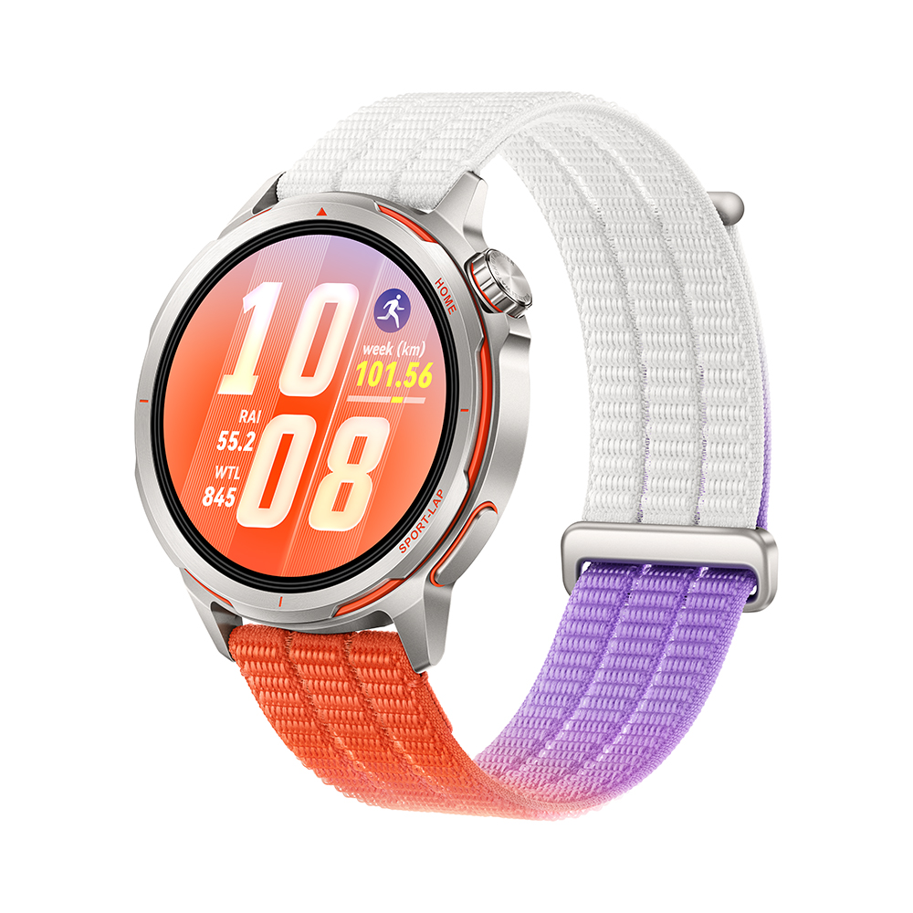 Un reloj inteligente plateado con correa de tela blanca, naranja y morada, mostrando estadísticas.