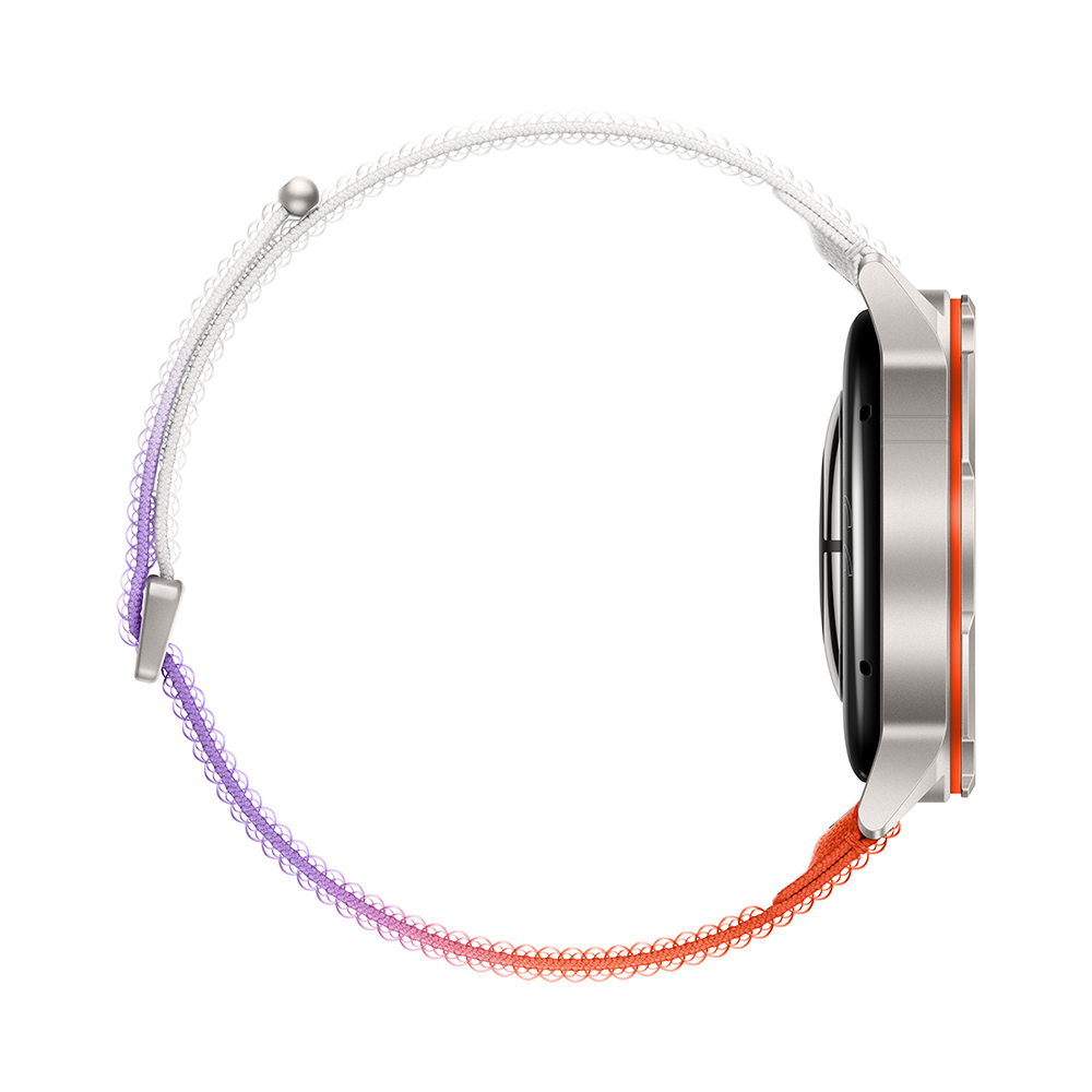 Reloj inteligente plateado con correa plateada que se desvanece a rojo y púrpura.