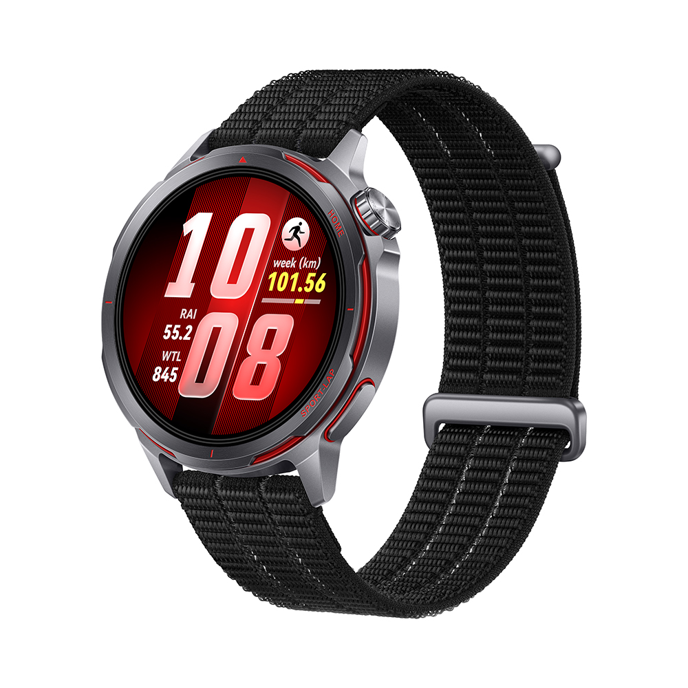 Un reloj inteligente con banda negra muestra datos de entrenamiento: 10, 08, RAI 55.2, WTL 845, 101.56 km.