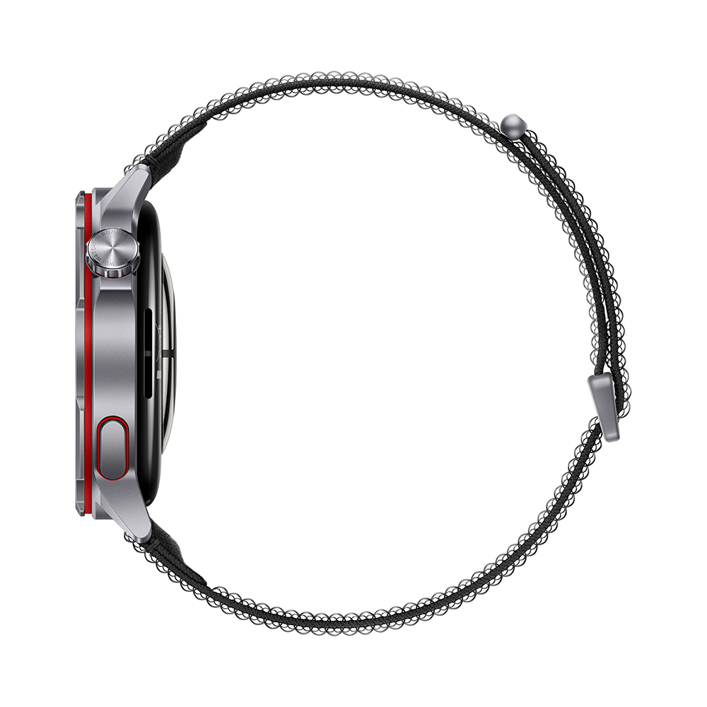 Reloj inteligente plateado con acento rojo y correa negra, visto de lado.