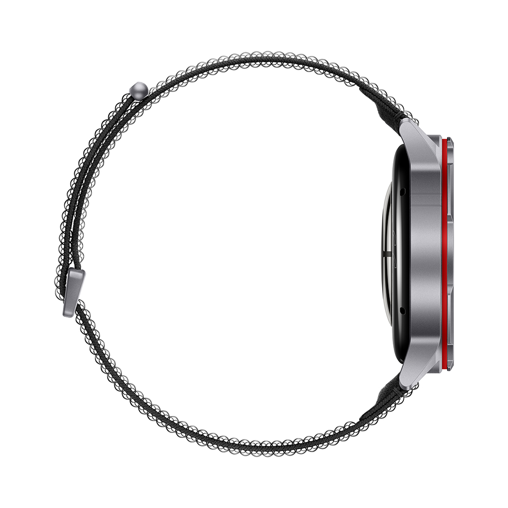 Reloj inteligente gris con banda negra y cierre plateado.