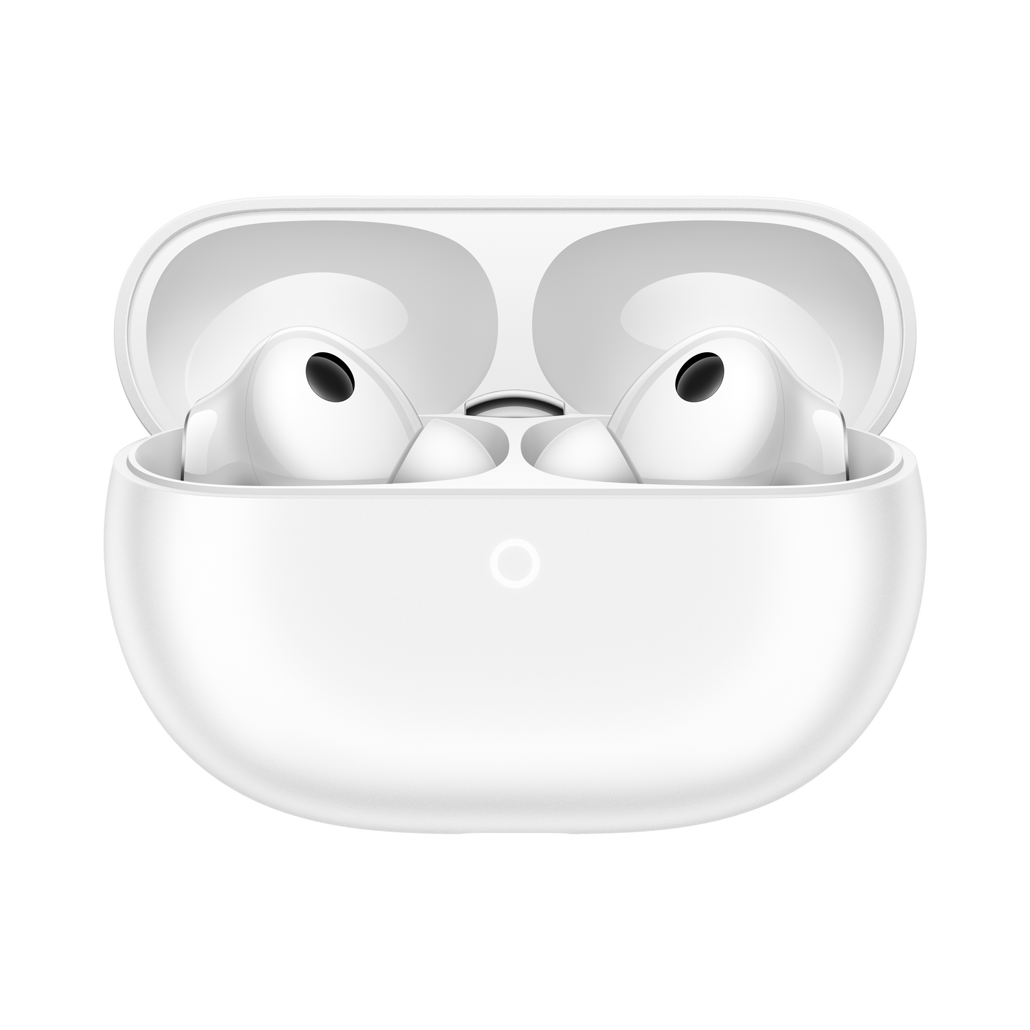 Auriculares inalámbricos blancos en un estuche de carga abierto.