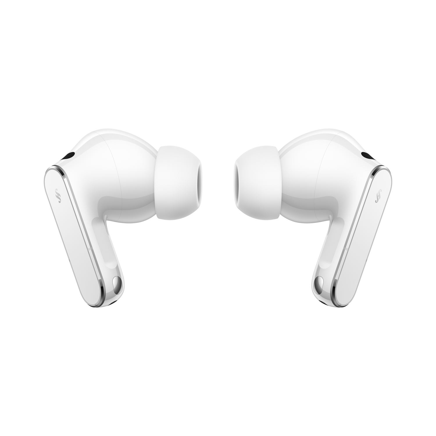 Dos auriculares inalámbricos blancos con detalles plateados sobre fondo blanco.