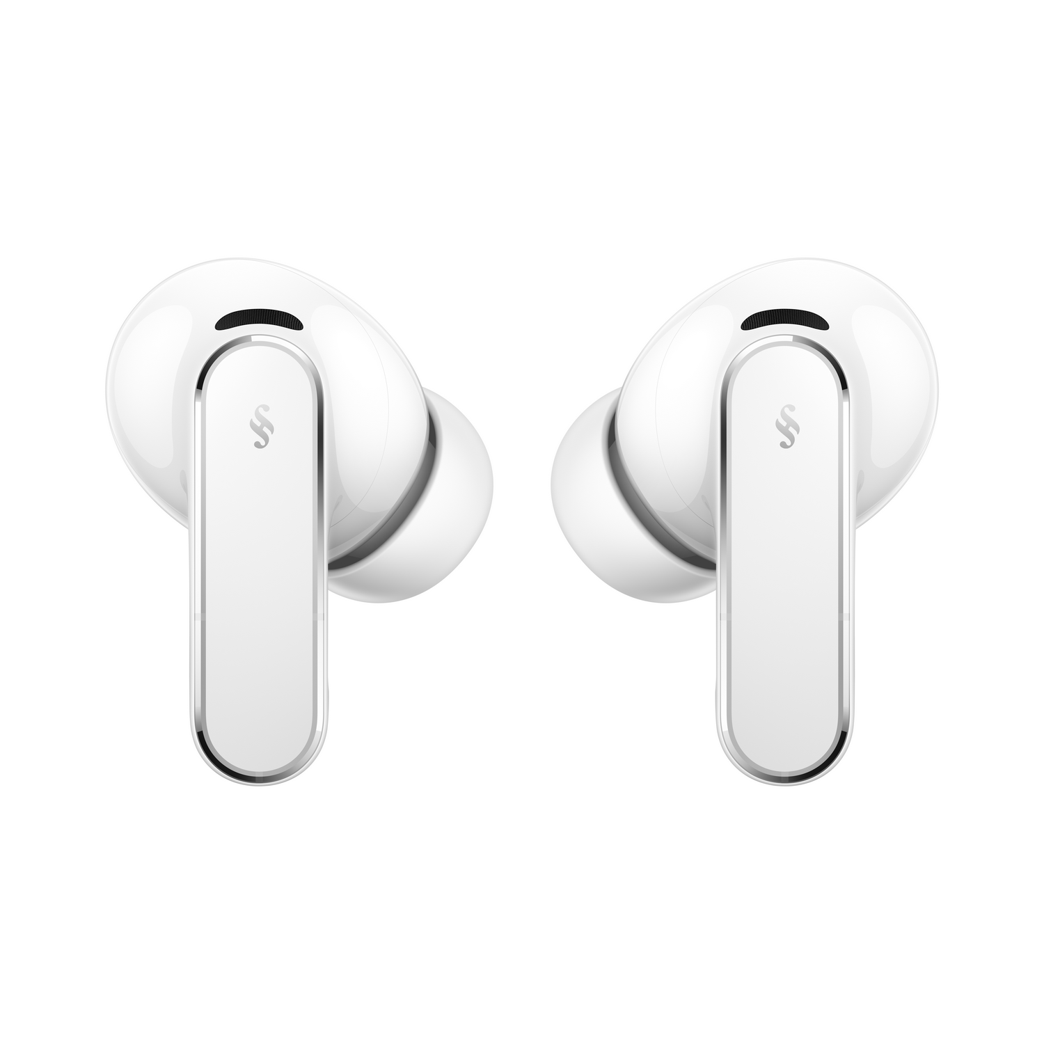 Dos auriculares inalámbricos blancos con detalles plateados y un logo.