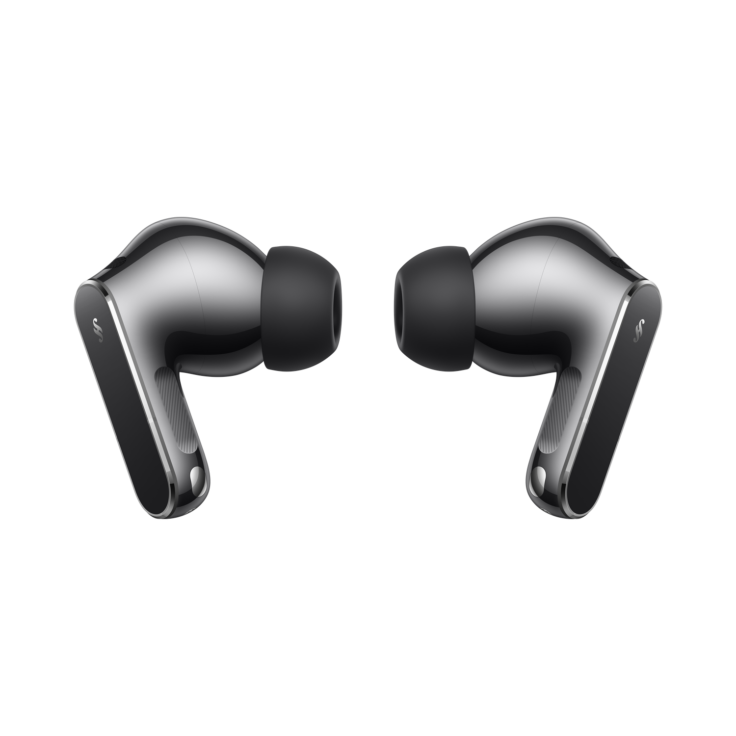 Dos auriculares inalámbricos plateados brillantes con puntas negras sobre fondo gris.