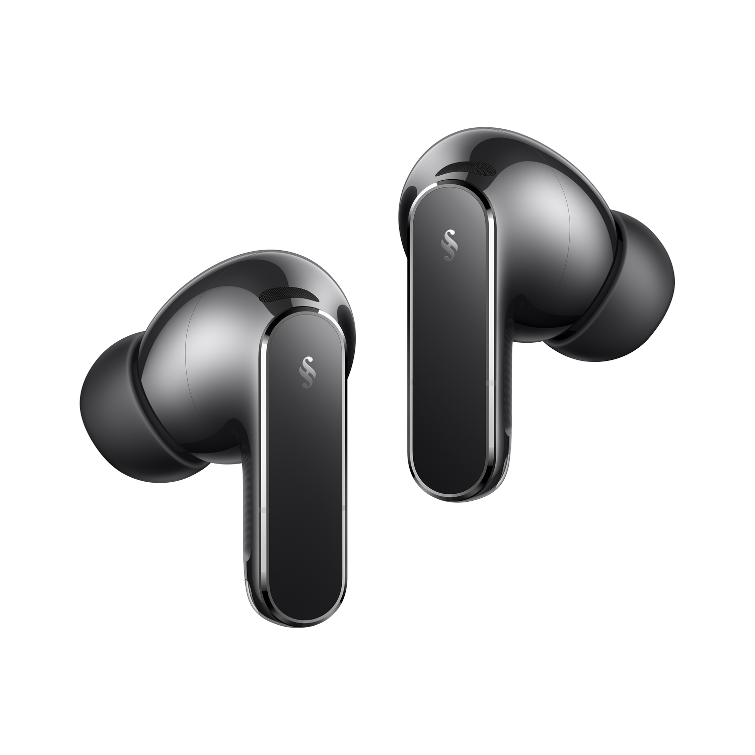 Dos auriculares inalámbricos oscuros y brillantes con detalles plateados sobre fondo gris.