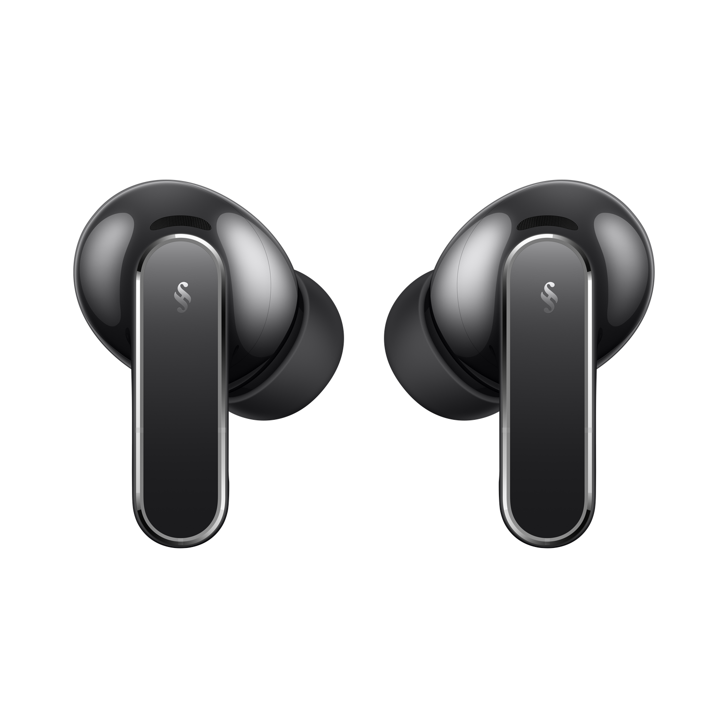 Dos auriculares inalámbricos negros brillantes con detalles plateados sobre fondo gris.