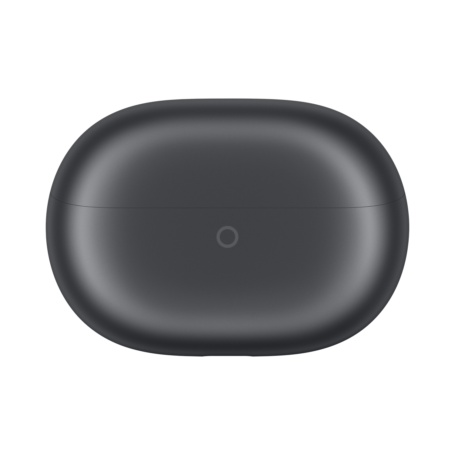 Estuche de carga de auriculares gris oscuro cerrado con logo circular.