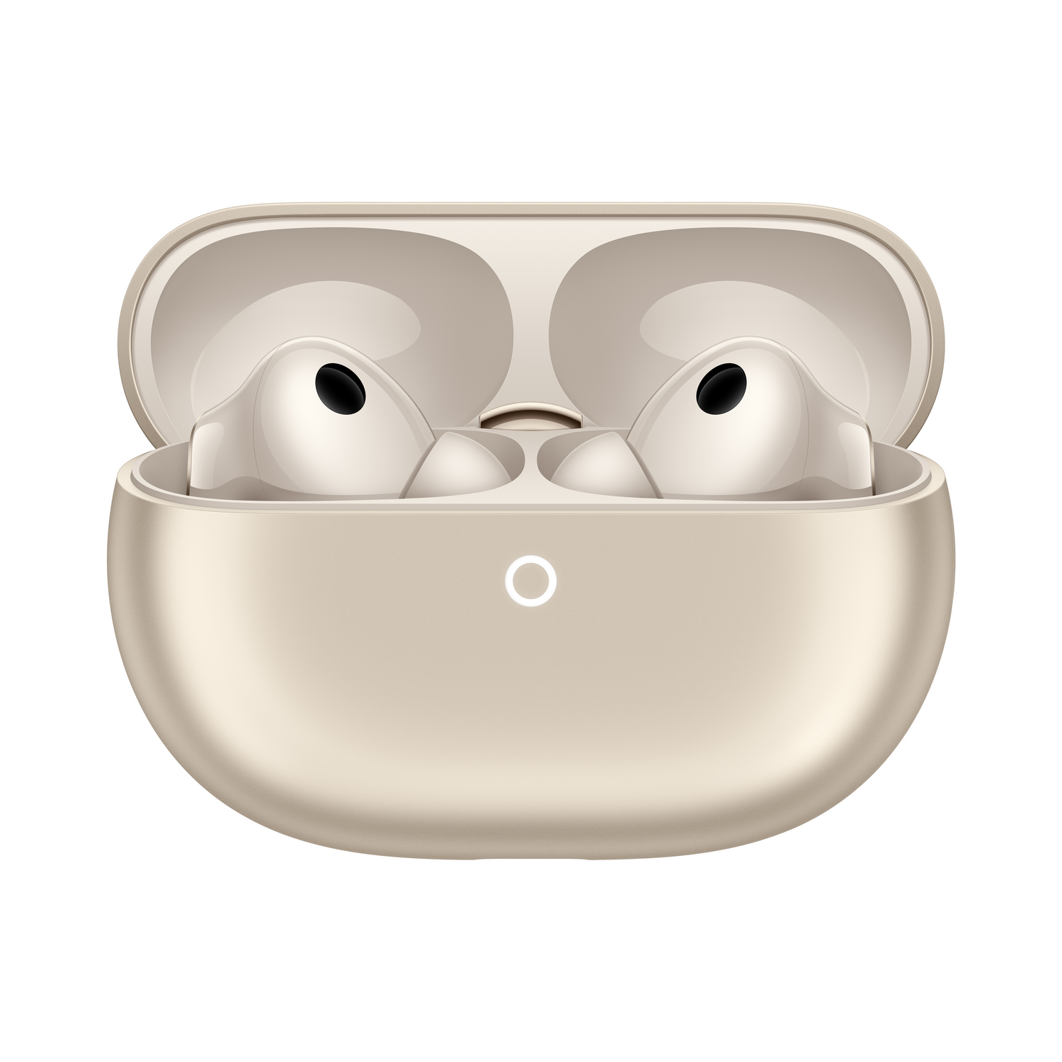 Un par de auriculares inalámbricos dorados en un estuche de carga abierto con un círculo blanco.