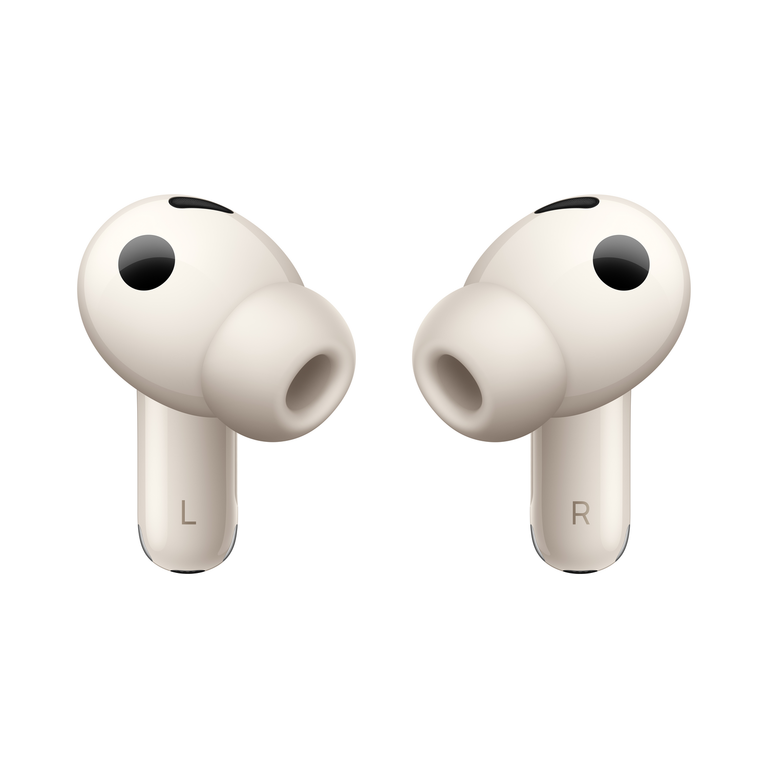 Dos auriculares inalámbricos blancos con detalles negros sobre fondo blanco.