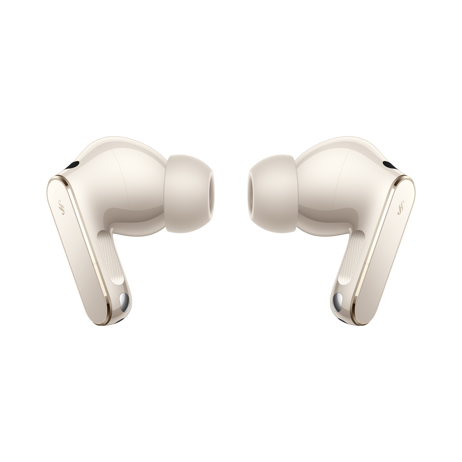 Dos auriculares inalámbricos blancos con detalles dorados, uno al lado del otro.