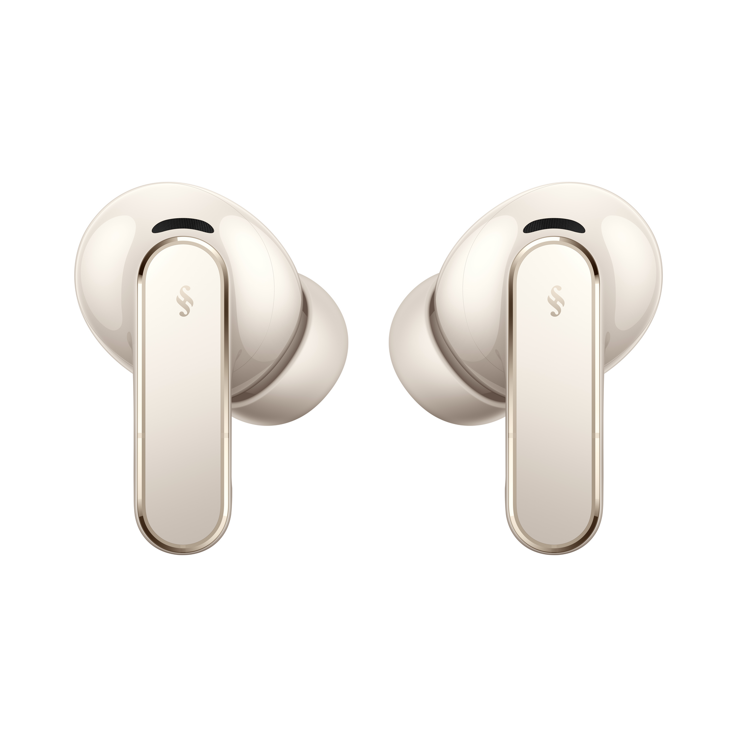 Dos auriculares inalámbricos blancos con detalles dorados sobre fondo blanco.