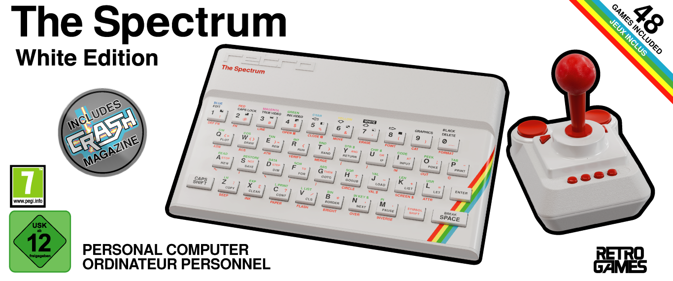 Biały komputer Sinclair Spectrum z joystickiem, klawiaturą i grami.